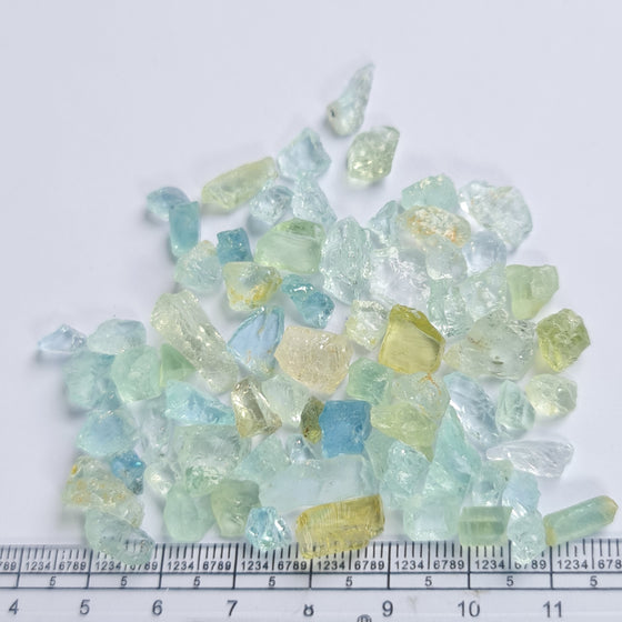 These parcels are a mix of natural, unheated aquamarine, helidor, green beryl and goshenite from Nigeria. This material has moderate inclusions, but is very gemmy material and a great choice for anyone looking to get into gem cutting!