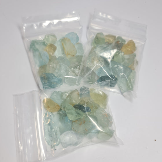 These parcels are a mix of natural, unheated aquamarine, helidor, green beryl and goshenite from Nigeria.  Pieces range in size from approximately 5mm-20mm