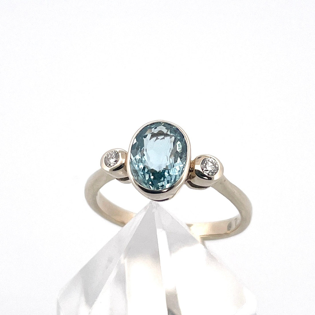  Oval Aquamarine and  Diamond 14k White  Gold Ring