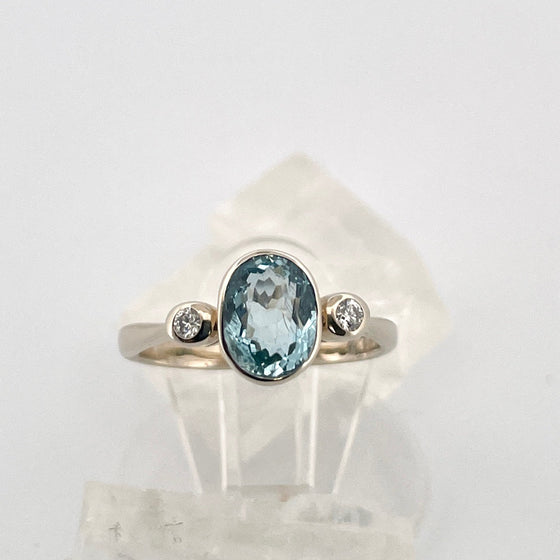 Oval Aquamarine and  Diamond 14k White  Gold Ring