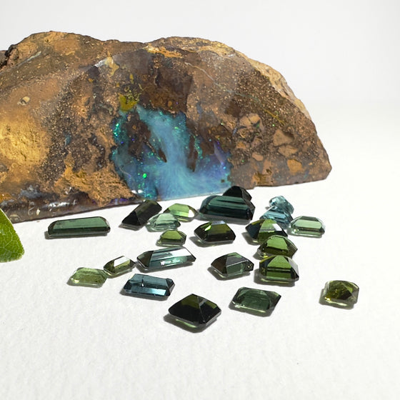 This parcel of 22 pieces of natural unheated tourmaline ranges from mid green to darker green. They are all eye clean and assorted size baguette cut.