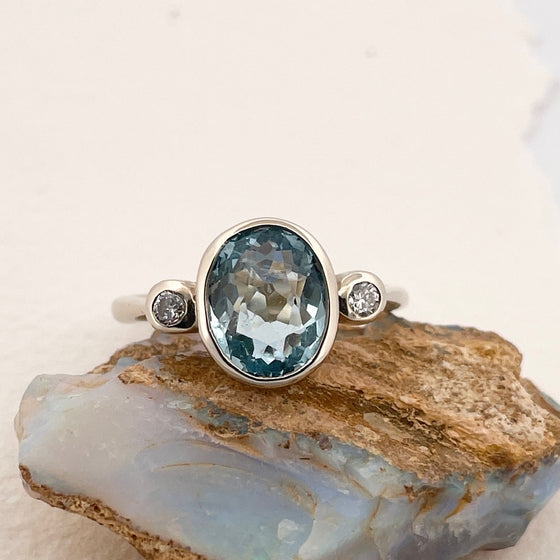 9x7 Oval Aquamarine and  Diamond 14k White  Gold Ring