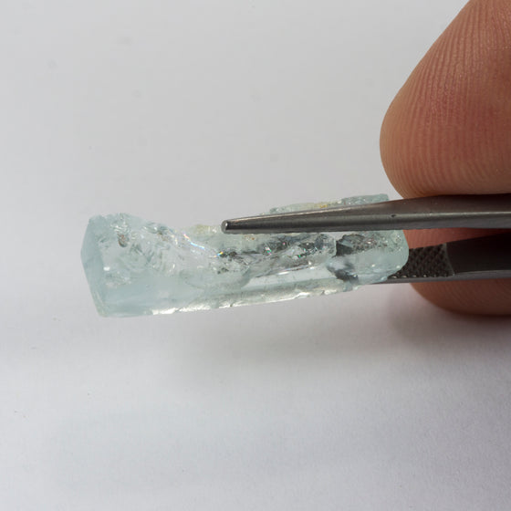 11.46ct Bespoke Rectangular Rough Cut Aquamarine, beautiful aquamarine gemstone in pale sea green, bespoke cutting, responsible sourcing in Mozambique