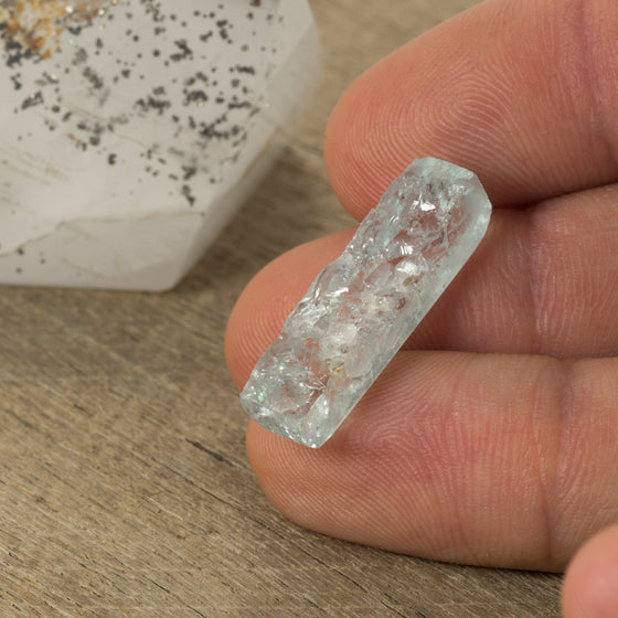 11.46ct Bespoke Rectangular Rough Cut Aquamarine, beautiful aquamarine gemstone in pale sea green, bespoke cutting, responsible sourcing in Mozambique