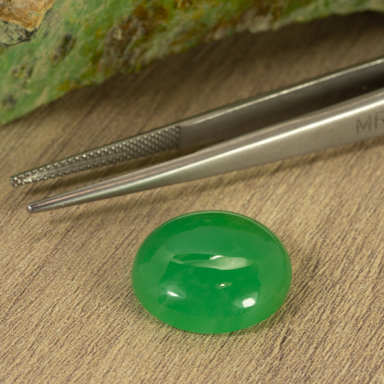 This natural piece of chrysoprase was mined in Queensland Australia. The piece is a stunning and consistent mid apple green. It is incredibly clean and should set with no inclusions visible,