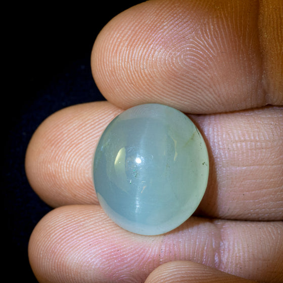This lovely softly toned aquamarine has a striking yet subtle cat's eye effect. This piece is unheated and was responsibly sourced from Madagascar.