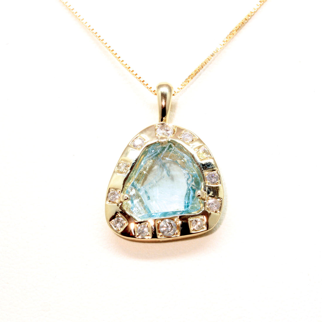  Aquamarine Shard and Diamond Pendant in 10k Gold