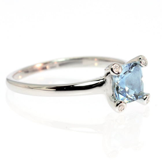 Square Cushion Cut Aquamarine and Diamond 14k White Gold Ring 