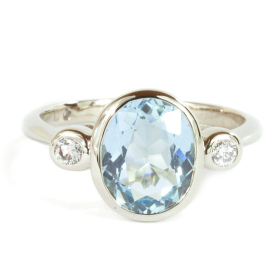 9x7 Oval Aquamarine and  Diamond 14k White  Gold Ring